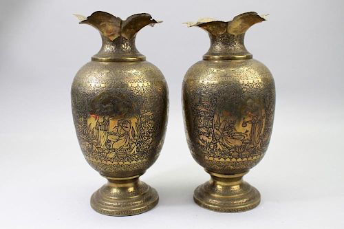 (2) Antique Islamic Incised Brass Vases
