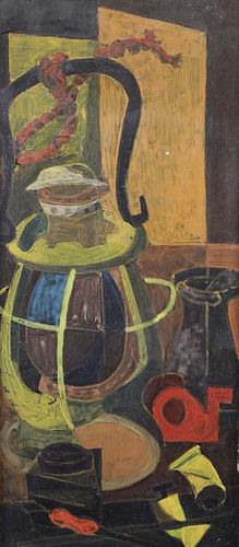 20th C. Oil/Board Cubist Painting of a lantern