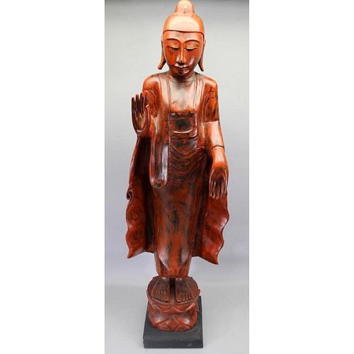 Large 20th C. Red Lacquer Chinese Guanyin
