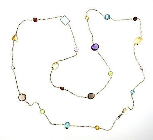 14k Gold Multi Color Gemstone Station Long Necklace