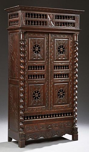 French Provincial Carved Oak Armoire, 19th c., Bri