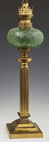 English Brass Oil Lamp, 19th c., the green glass f