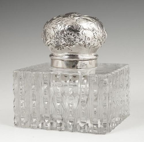 Sterling Top Cut Glass Inkwell, early 20th c., the