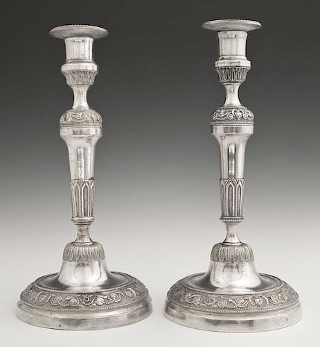 Pair of French Empire Style Silvered Bronze Candle