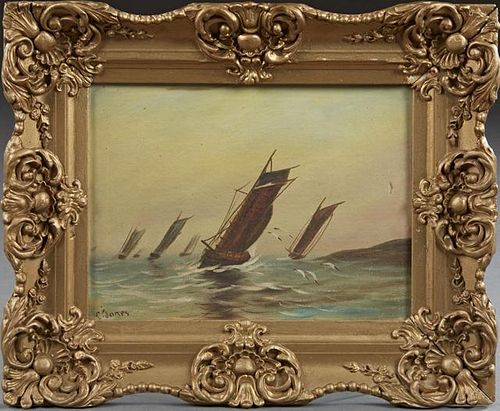 C. Jones, "Boats in a Rough Sea," c. 1900, oil on