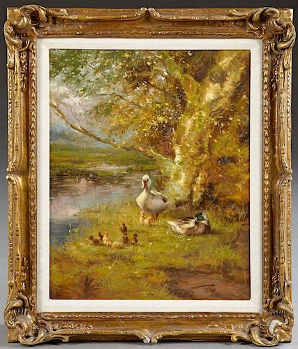 T. Wouverman, "Family of Ducks," 20th c., oil on c