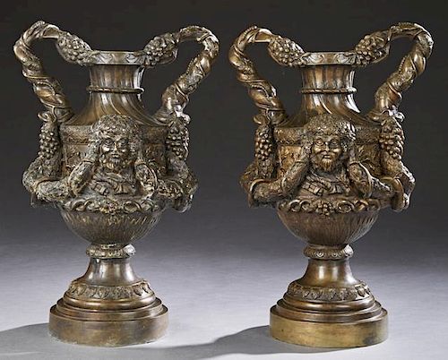 Pair of Patinated Bronze Baluster Bacchus Urns, 20