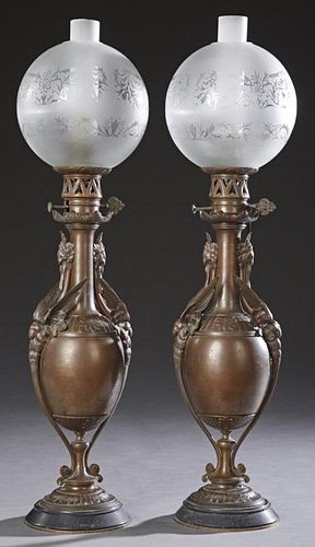 Pair of French Patinated Spelter Oil Lamps, c. 188