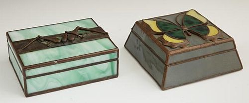 Two Orient and Flume Slag Glass Dresser Boxes, 20t