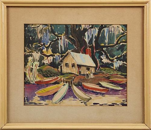 Russel Davis, "Pirogues at a Swamp Cabin," 20th c.