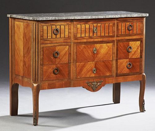 French Louis XV Style Marble Top Inlaid Mahogany C