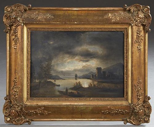 French School, "Moonlit Lake Scene," 19th c., oil