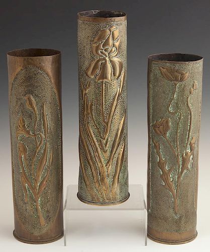 Set of Three French Trench Art Brass Vases, 1917,