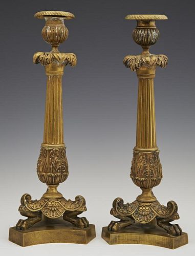 Pair of French Gilt Bronze Empire Style Candlestic