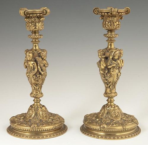 Pair of French Gilt Bronze Candlesticks, 19th c.,