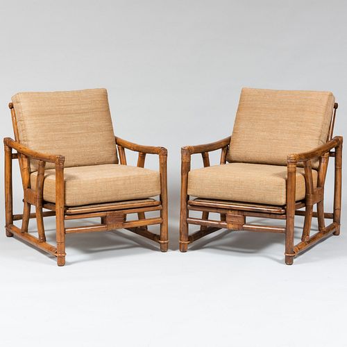 Pair of Ficks Reed Bamboo Armchairs with Jim Thompson Silk Cushions