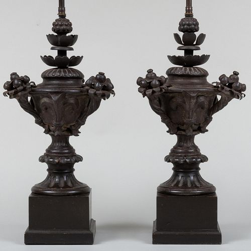 Pair of Patinated Metal Urn Form Lamps