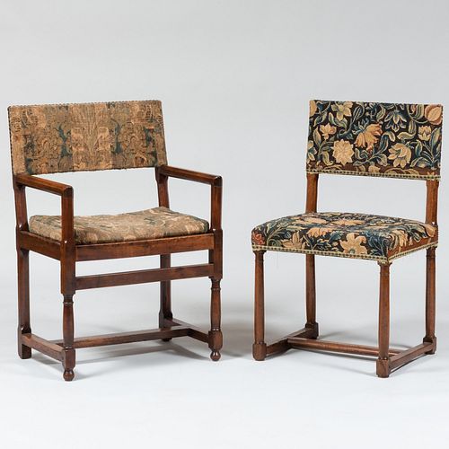 Late Italian Renaissance Style Walnut Armchair together with a Renaissance Style Side Chair