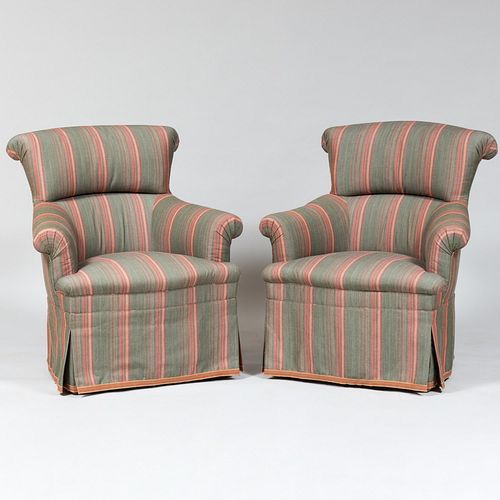 Pair of Upholstered Scroll-Back Skirted Armchairs, Jonas