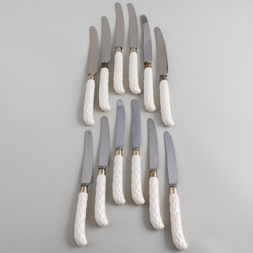 Set of Twelve English Porcelain Handled Dinner Knives and Twelve Lunch Knives, After Syrie Maugham