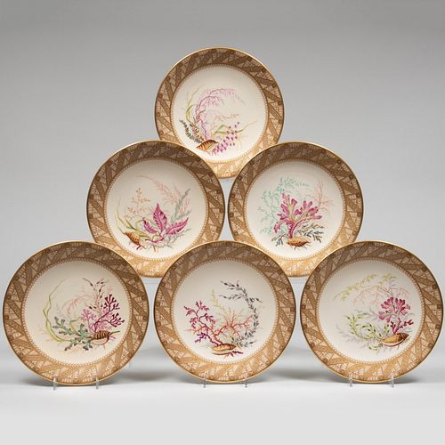 Set of Six Worcester Porcelain Coral Decorated Plates