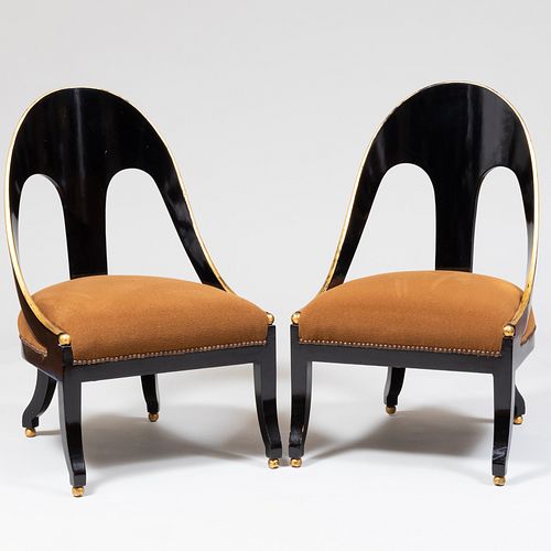 Pair of Regency Style Ebonized and Parcel-Gilt Spoon Back Chairs