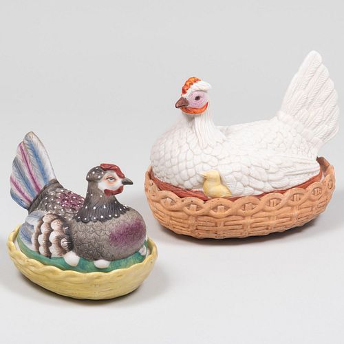 Two Continental Porcelain Chicken Form Boxes and Covers