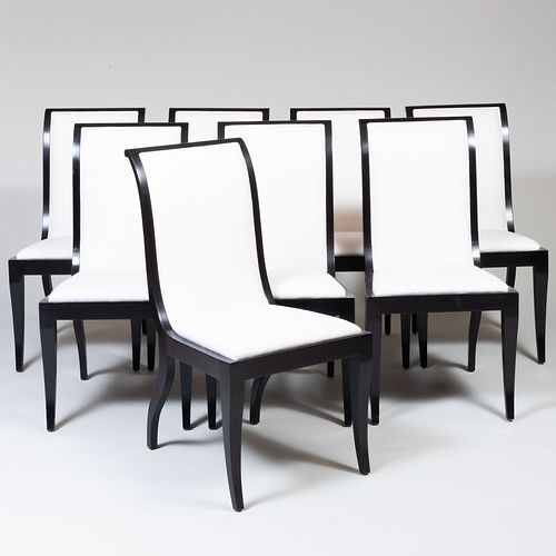 Set of Eight Modern Ebonized and Linen Upholstered Dining Chairs