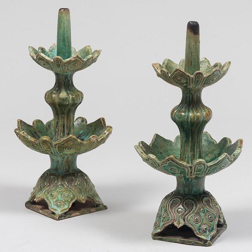 Pair of Asian Green Glazed Pottery Pricket Sticks