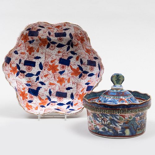 English Transfer Printed Porcelain Dish and a Continental Sauce Tureen and Cover Decorated in the Asian Taste 