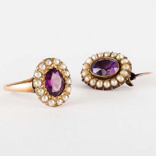 Amethyst, Seed Pearl and 10k Gold Ring and Matching Small Brooch