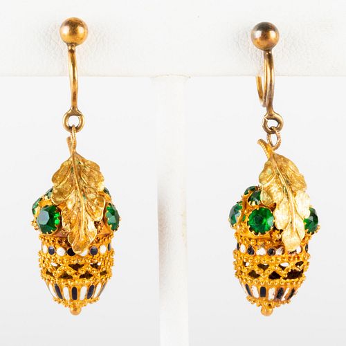 Pair of Gold and Enamel Acorn Earrings
