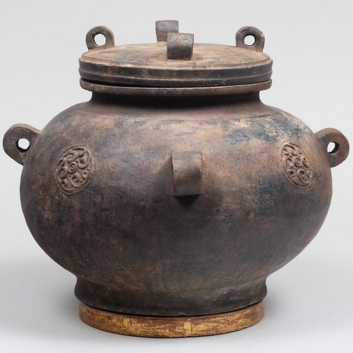 Large Chinese Grey Pottery Jar and Cover with Medallions and Rings