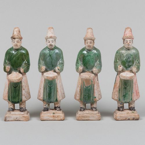 Set of Four Chinese Green Glazed Pottery Figures of Drummers