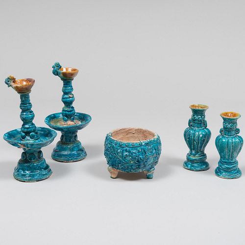 Chinese Five Piece Turquoise Tomb Pottery Group