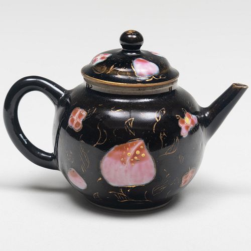 Miniature Chinese Black Ground Famille Porcelain Teapot and Cover