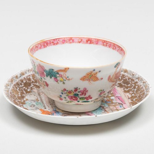Chinese Export Famille Rose Porcelain Teabowl with Exotic Bird and a Saucer with Beauties in an Interior