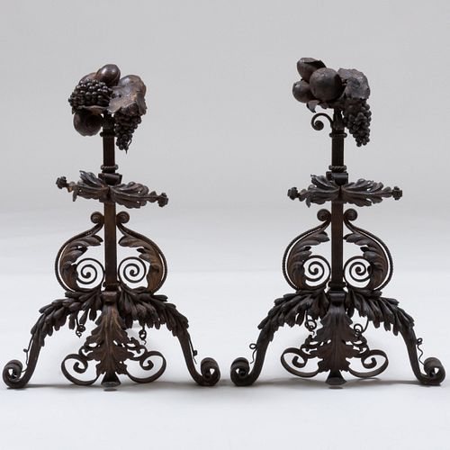 Pair of Victorian Black Painted Wrought-Iron Andirons