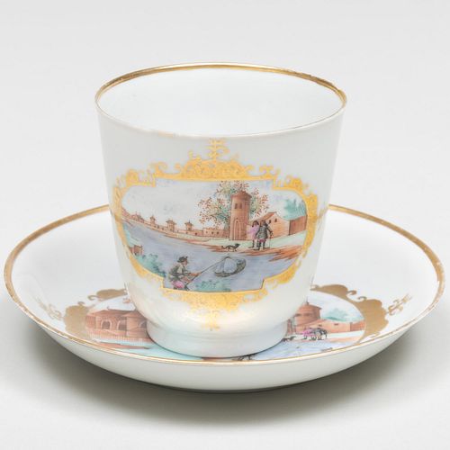 Continental Porcelain Beaker and Saucer with Meissen Style Harbor Scene