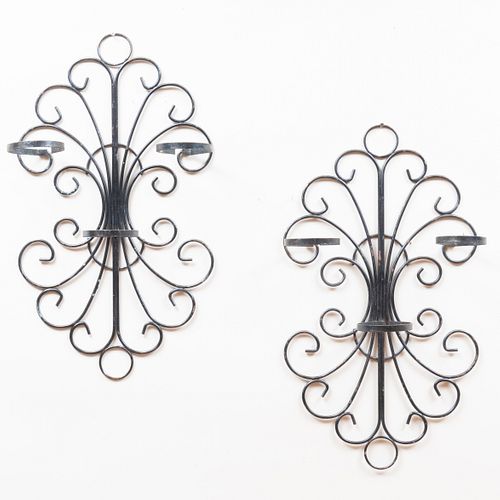Pair of Modern Black Painted Wrought Iron Three-Light Sconces