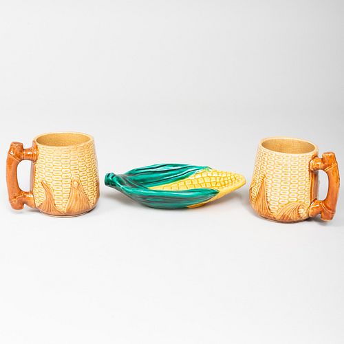 Pair of Majolica Corn Mugs and Tray, Probably Portuguese 