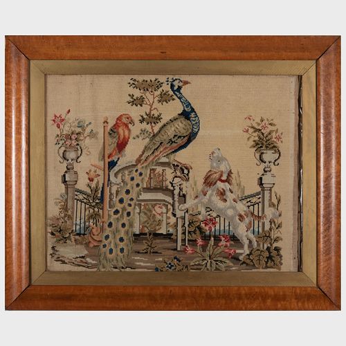Needlework Panel of a Dog, a Peacock and a Parrot