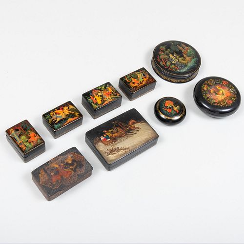 Group of Eight Russian Lacquered Snuff Boxes