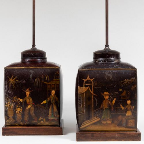 Pair of Chinoiserie Painted Tin Tea Caddies Mounted as Lamps