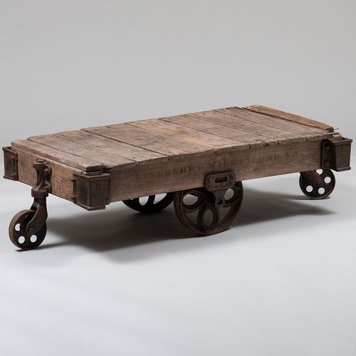 Industrial Metal-Mounted Wood Low Table