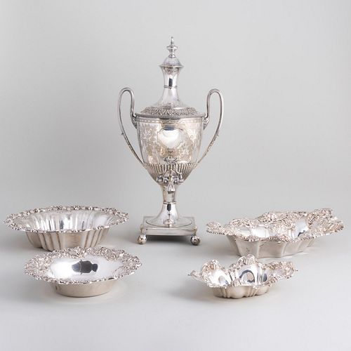 Group of American Silver Serving Dishes and a Silver Plate Hot Water Urn