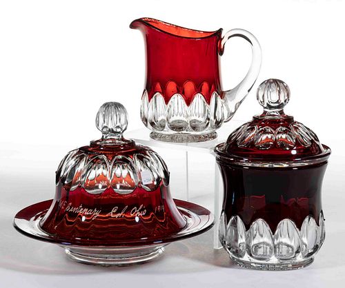 ARCHED OVALS - RUBY-STAINED THREE-PIECE TABLE SET