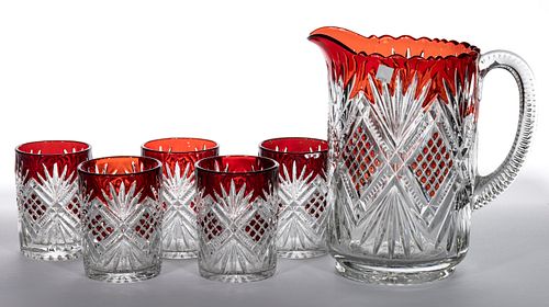 DIAMOND AND SUNBURST VARIANT - RUBY-STAINED SIX-PIECE WATER SET