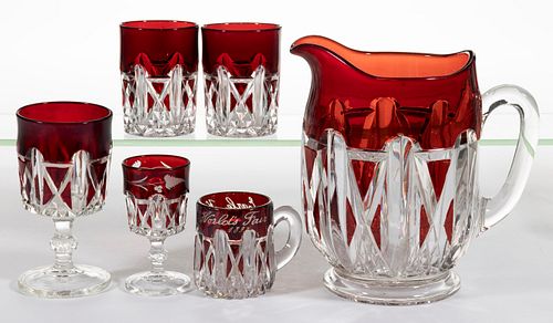 DOYLE NO. 76 (OMN) / TRIPLE TRIANGLE - RUBY-STAINED DRINKING ARTICLES, LOT OF SIX
