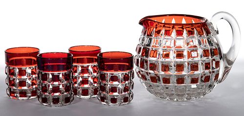 DUNCAN NO. 331 / LATE BLOCK - RUBY-STAINED FIVE-PIECE WATER SET